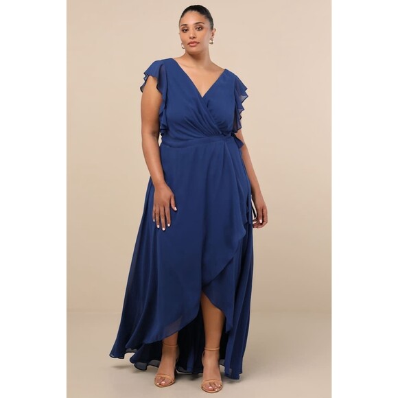 Lulus Ravishing Charm Dress Women's 3X Dark Blue High Low Ruffled Wrap Maxi NWOT - Picture 2 of 11